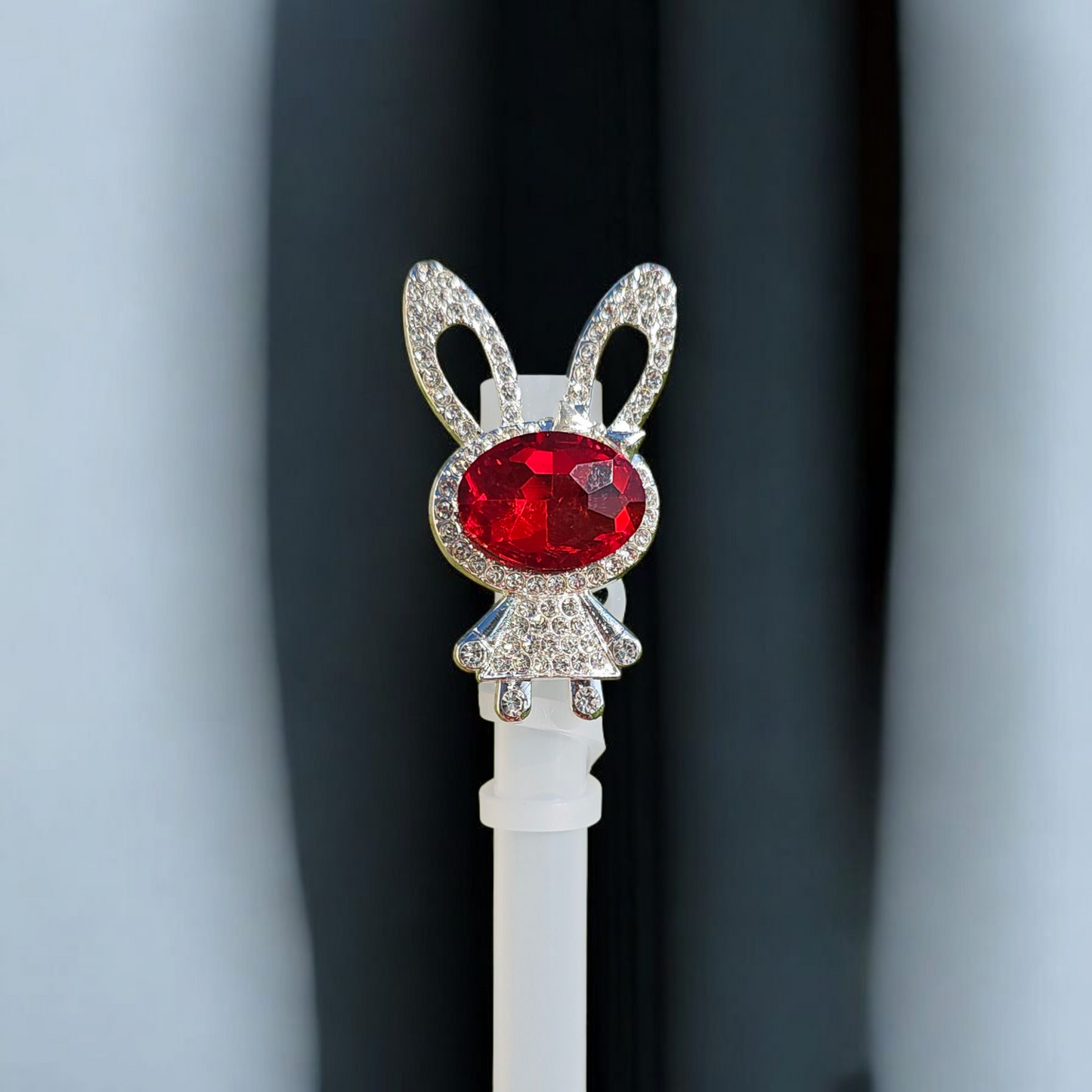 Deluxe silver Diamond and red Jewel metal bunny Silicone Straw Topper  - Straw Cover. 