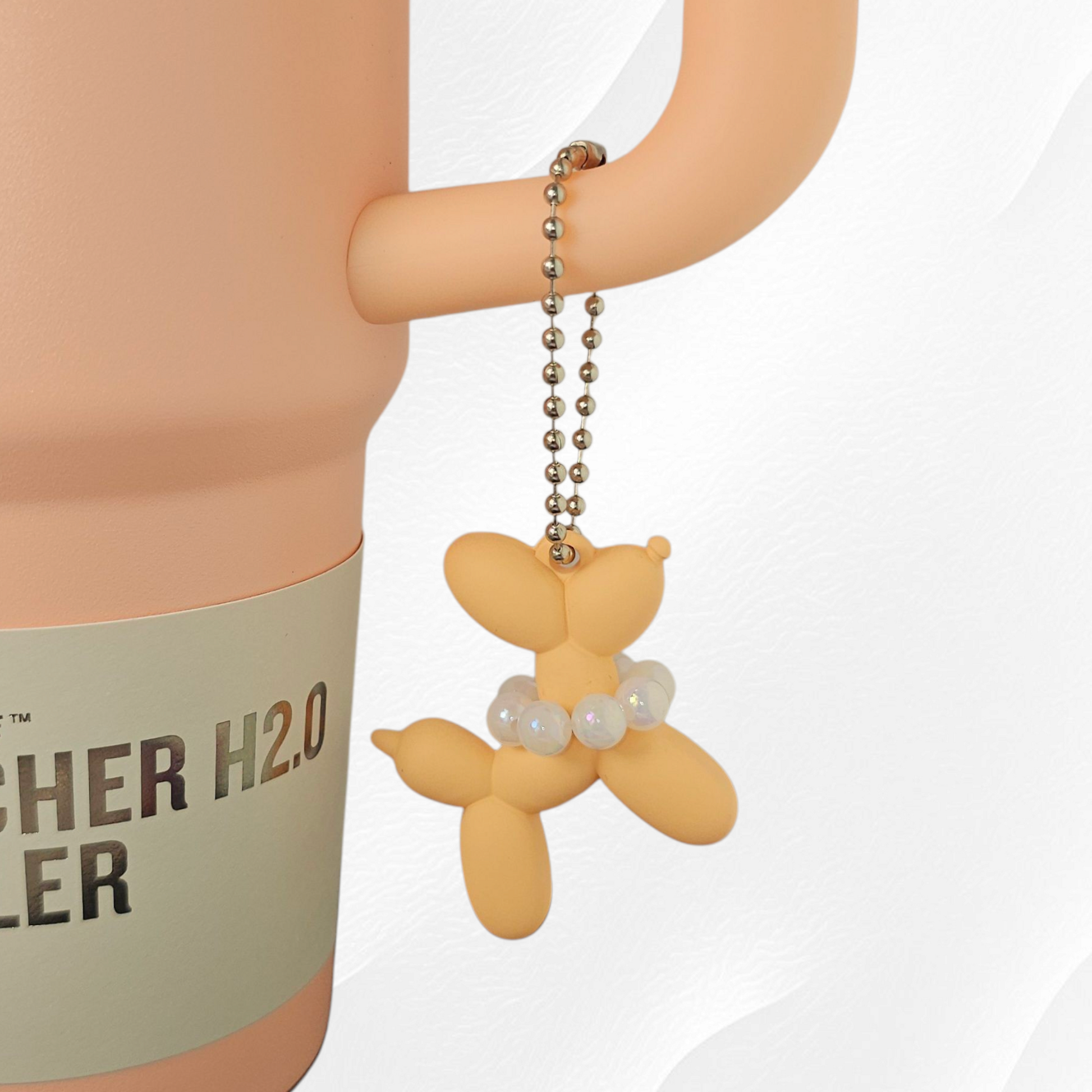 Tangerine Orange Balloon Dog wearing white pearl necklace cup handle charm. 