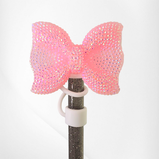 Blush Pink and white Glitter Bow Silicone Straw Topper  - Straw Cover. Fits 10mm and Stanley Straws. 