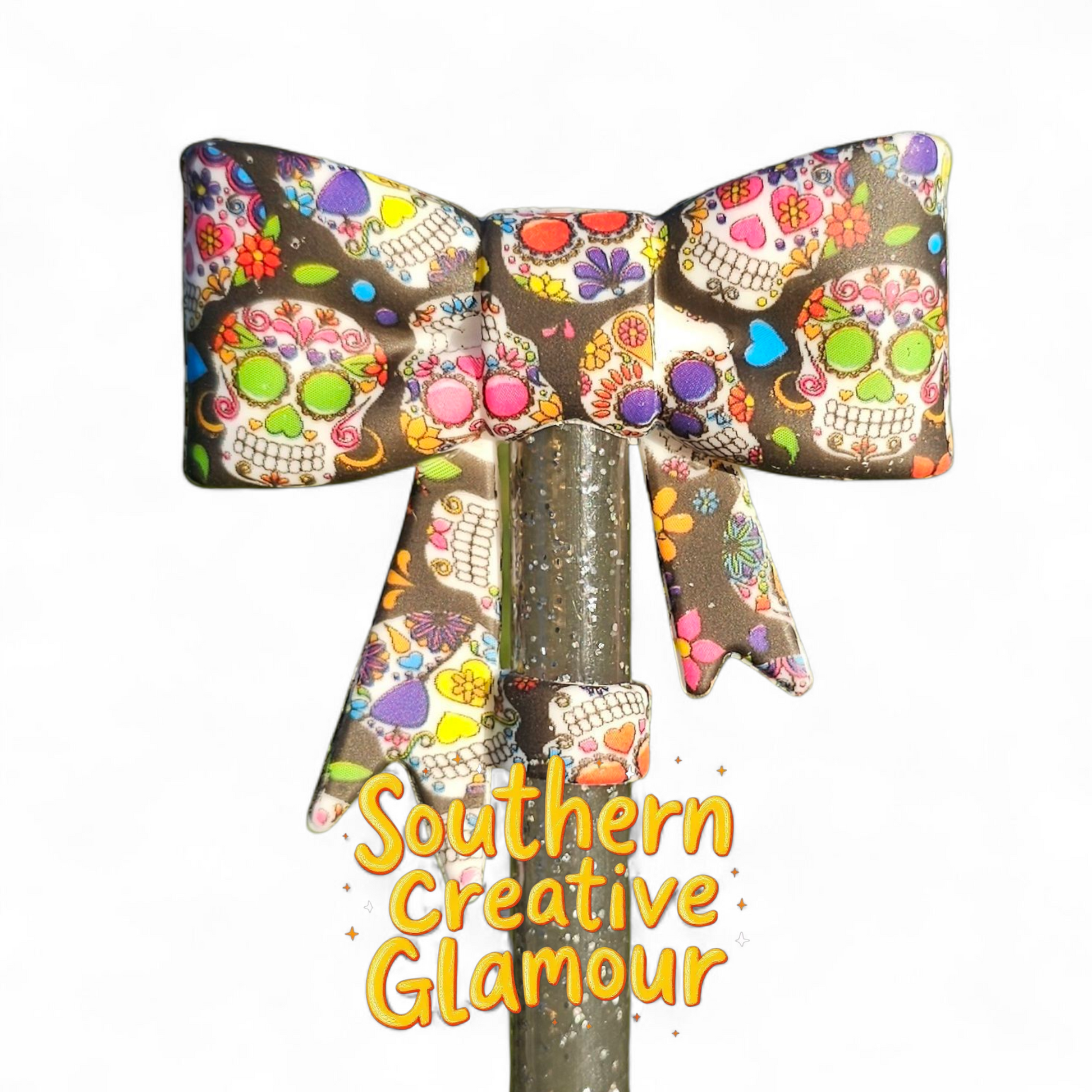 Halloween Sugar Skull 3D Bow Silicone 10mm Straw Topper by Southern Creative Glamour 