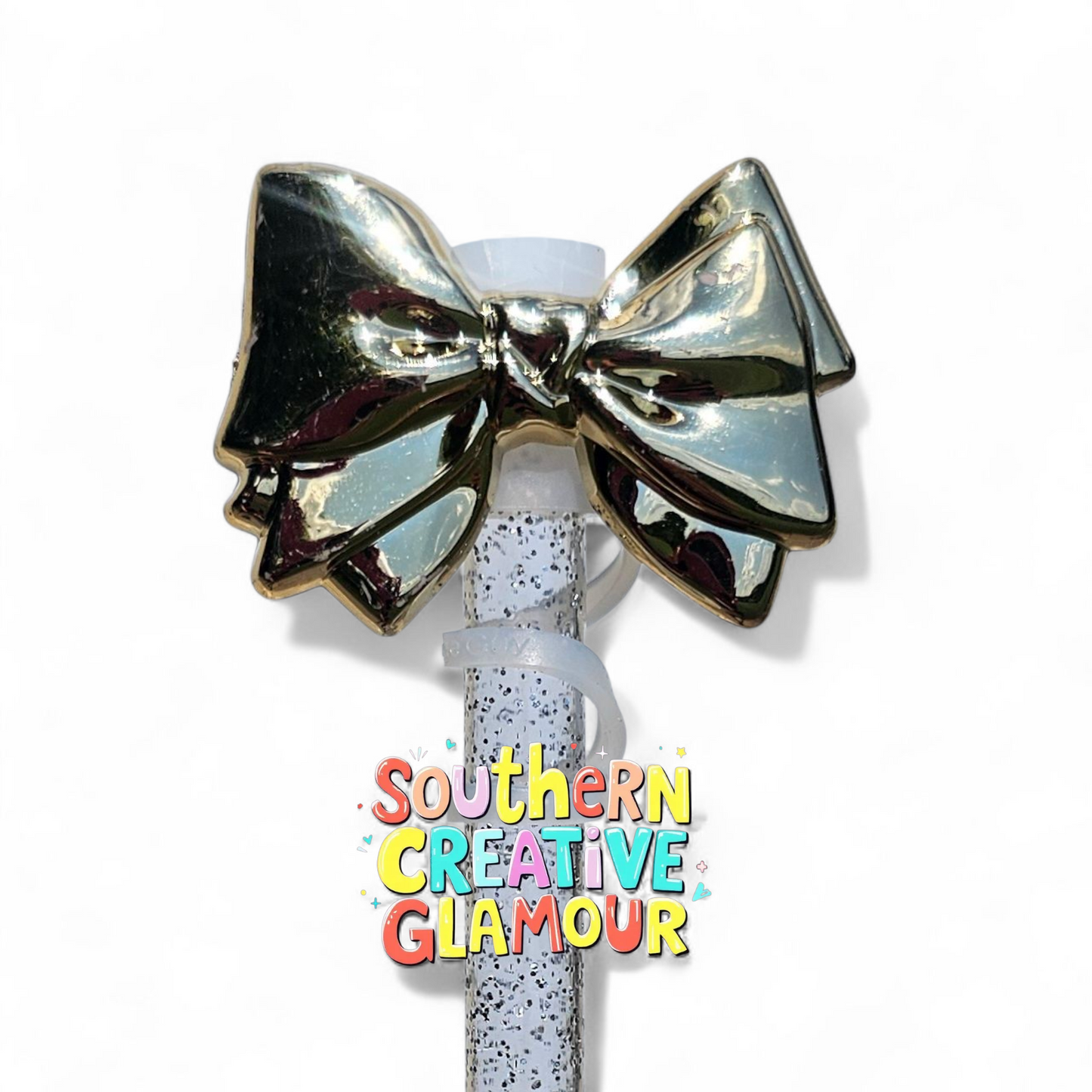 Gold Shiny Bow Tie Silicone 10mm Straw Toppers