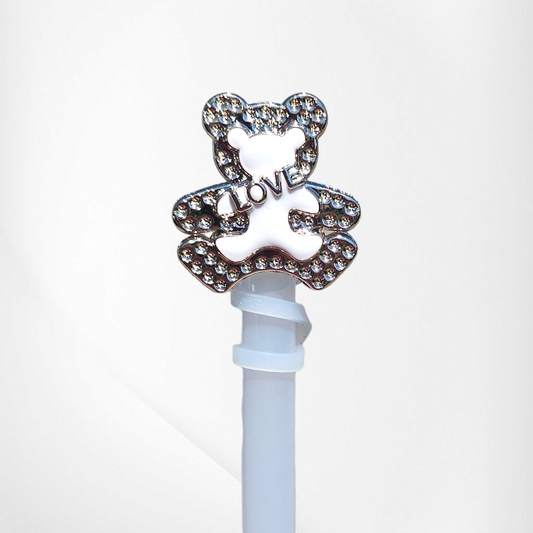 White teddy bear love silicone straw topper  - straw cover. 