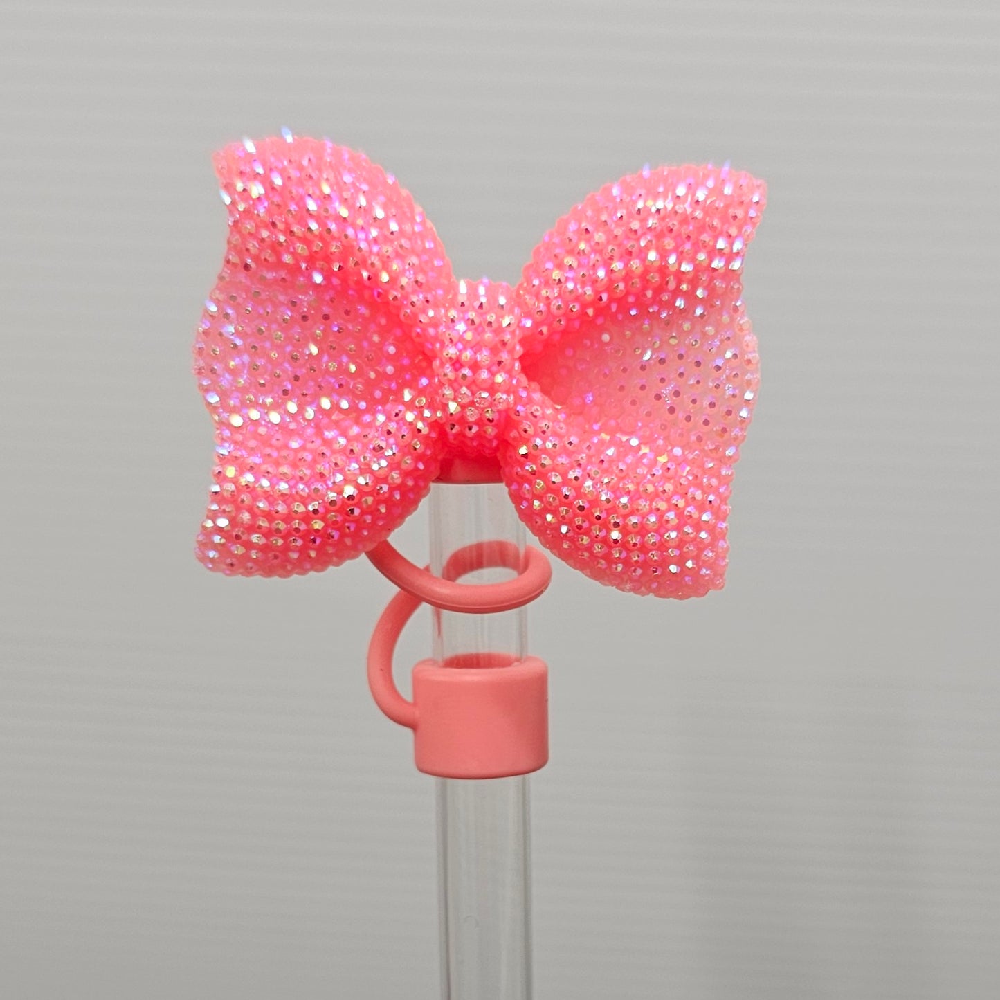 Coral Pink Glitter Bow with Pink Silicone Straw Topper base. Straw Cover  - Straw Topper 