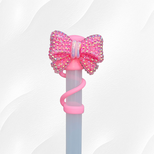 Barbie Pink Glitter Bow Silicone Straw Topper  - Straw Cover. 
