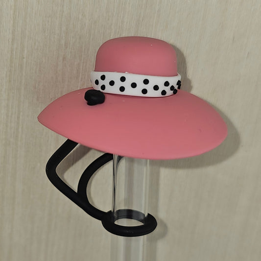 Antique Pink with BlackandWhitePolkados Preppy Hat -  Silicone 3D Straw Topper - Straw Cover 