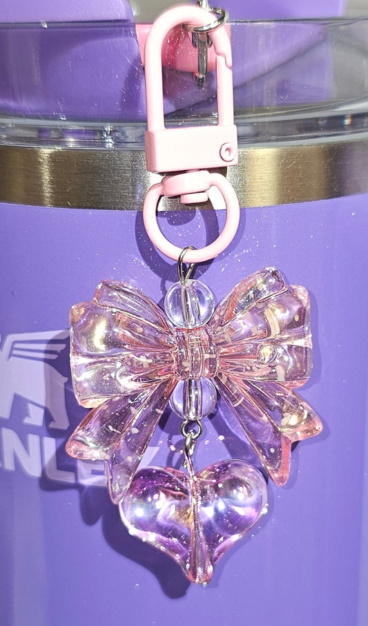 Iridescent Pearlescent Ribbon Bow and Heart Charm Pendant. Pink Iridescent 