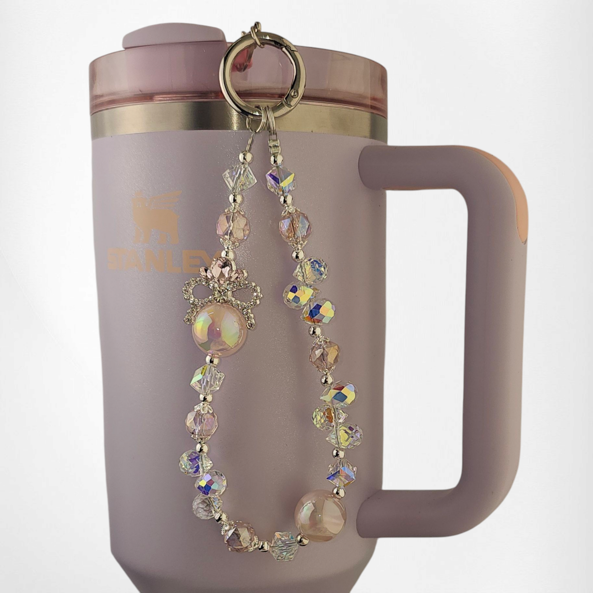 Deluxe Pink, white, and silver princess beaded Tumbler Charm. 