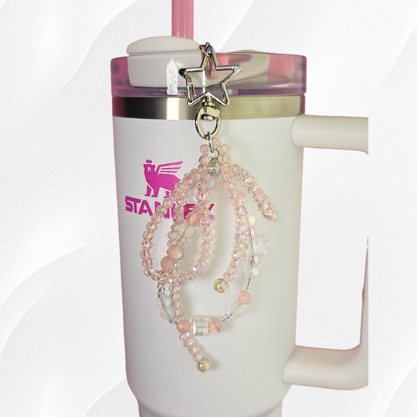 Pink crystal beaded bow charm. 