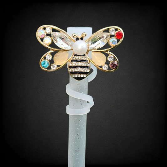 Deluxe Gold Pearl Diamond Queen Bee 10mm Straw Topper