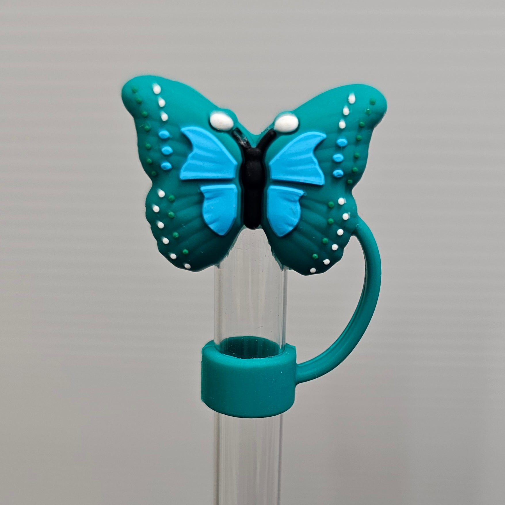 Green and Blue Butterfly 3D Silicone Straw Topper  - Straw Cover  - Straw Cap. Fits 10mm and Stanley Straws. 