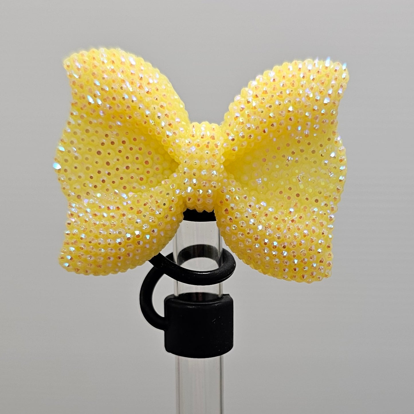 Glitter Yellow bow tie with Black Silicone base - Straw Topper  - Straw Cover - Fits 10mm and Stanley Straws. 