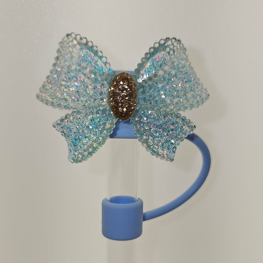 Glitter Tiffany Teal Blue and gold croquet ribbon bow silver straw topper  - straw cover 