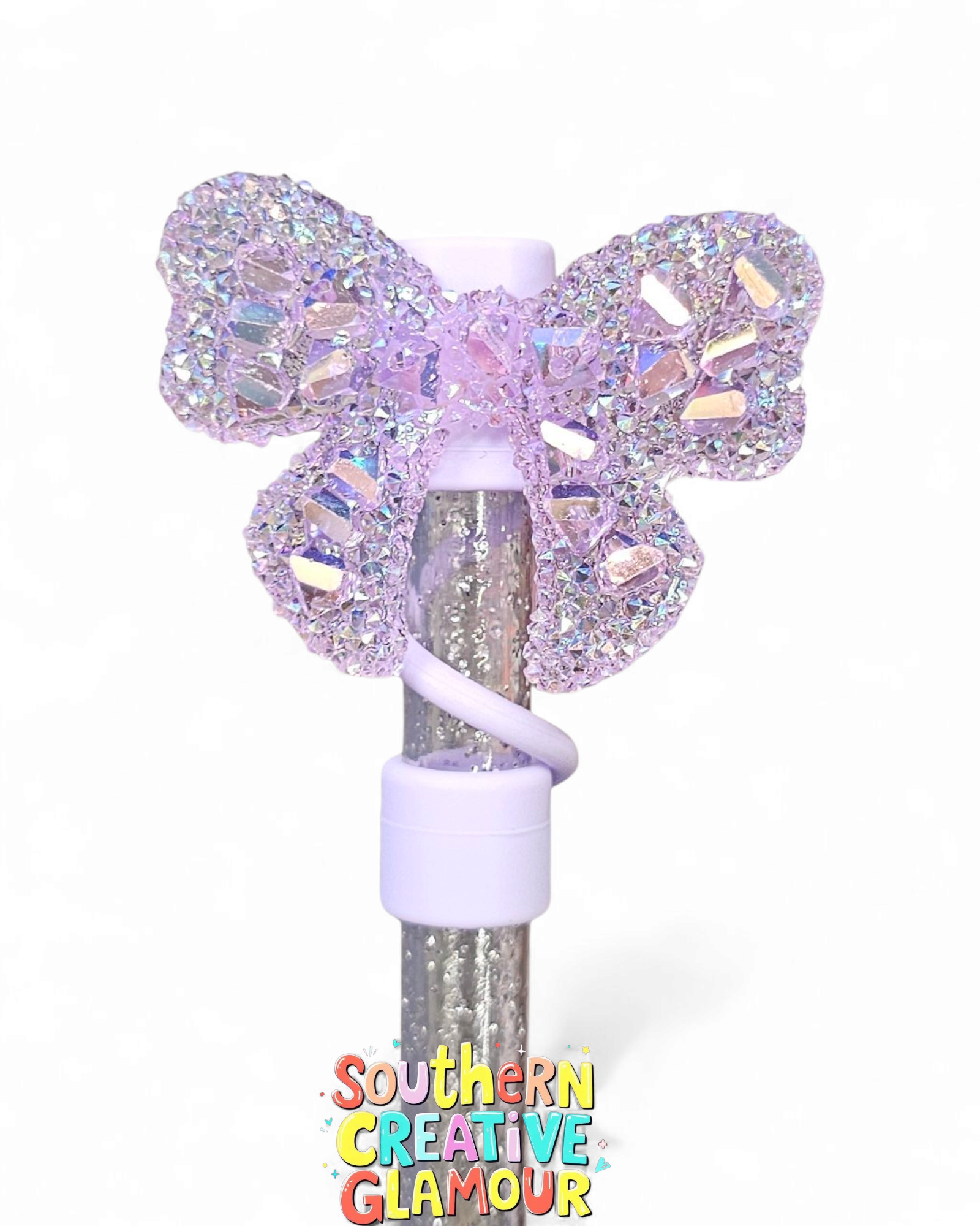 Lavender Purple Glitter Ribbon Bow Silicone 10mm Straw Topper by Southern Creative Glamour 