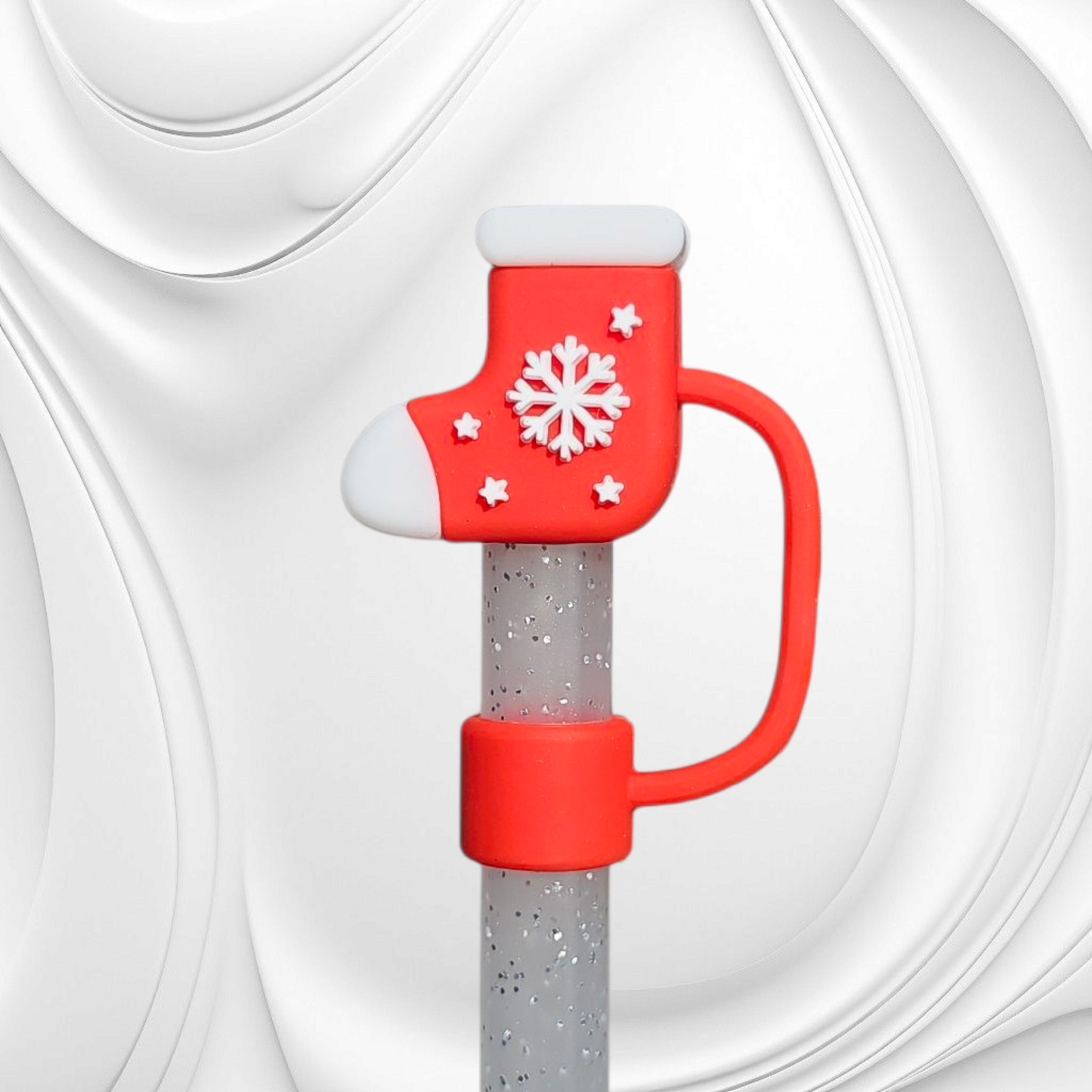 Red and White Snowflake Christmas Stocking 3D Silicone Straw Topper 
