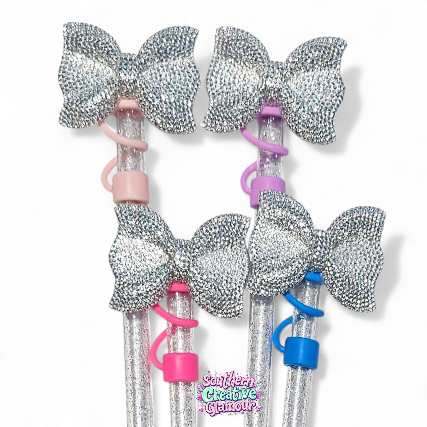 Silver Glitter Bow 10mm Straw Topper