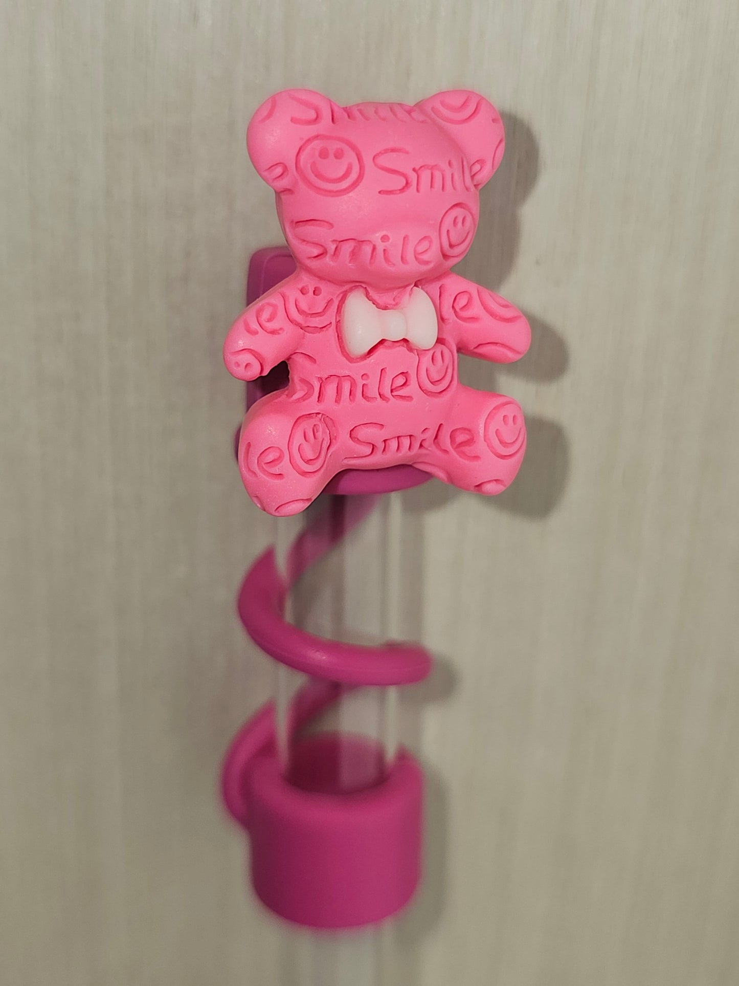 Fuschia Pink Teddy Bear Silicone Straw Topper  - Straw Cover  - Straw Cap. Gummy Bear Straw Topper. 