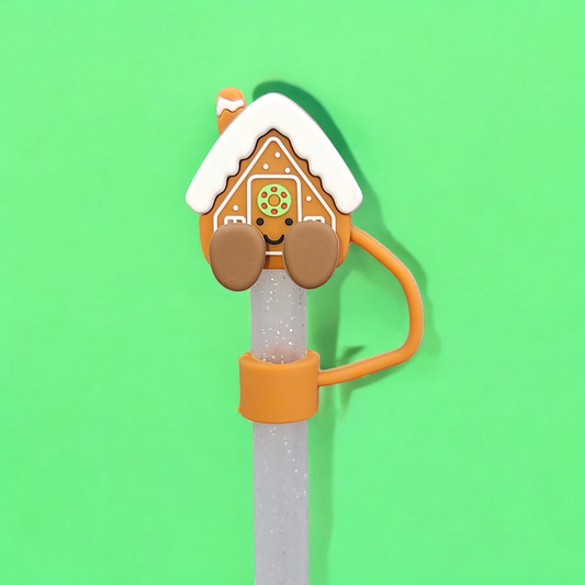 Gingerbread House 3d Silicone Straw Topper  - Straw Cover. Brown and white. 