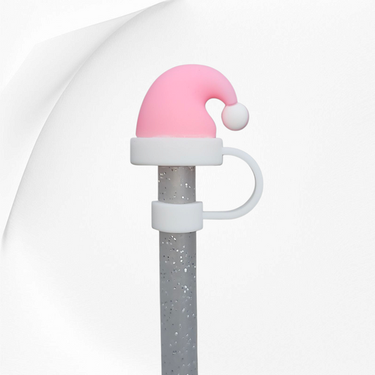 Sizzling Pink Christmas Santa Hat 3D Silicone Straw Topper. 