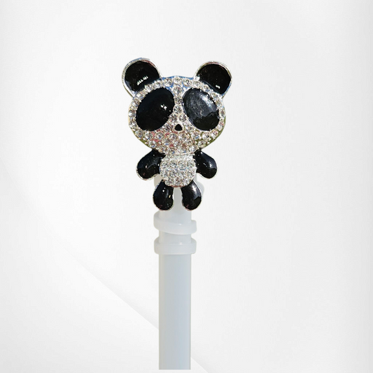 Deluxe Silver Diamond Panda Bear Straw Topper