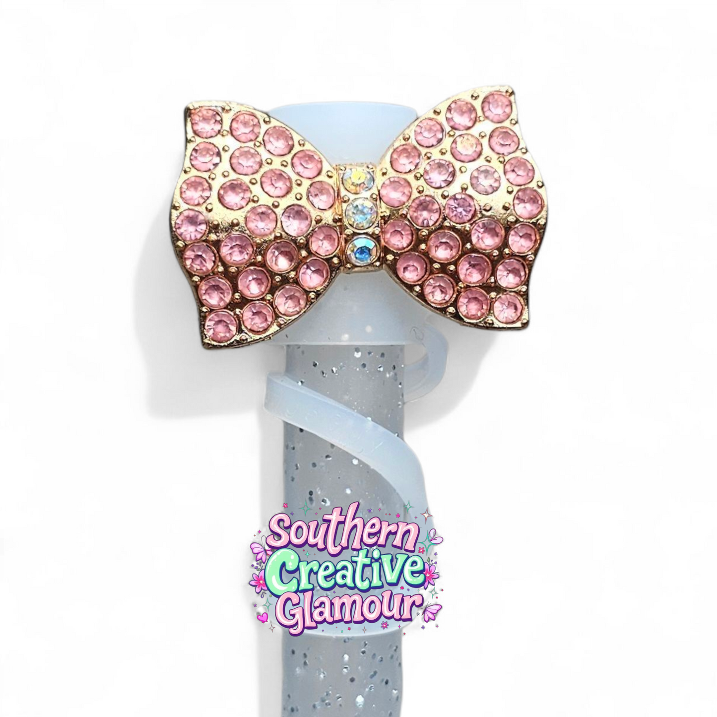 Rose Gold Diamond Bow Tie Silicone 10mm Straw Toppers 