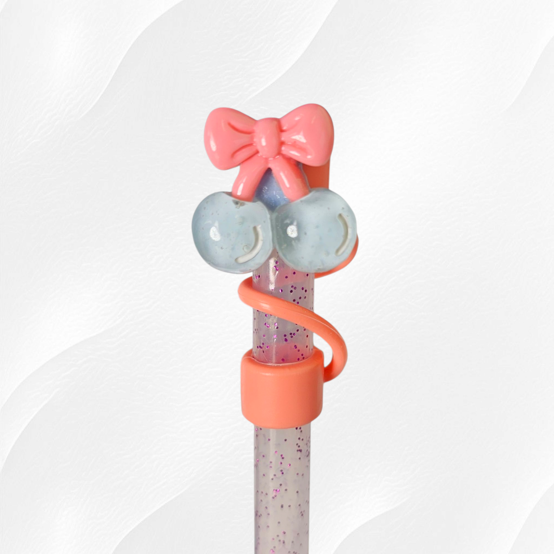 Pink cherries & bows silicone straw topper