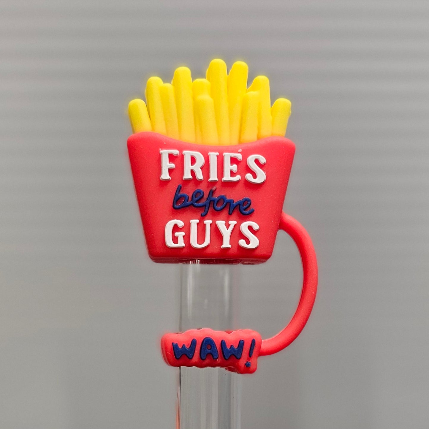 Red and yellow " Fries Before Guys " 3D Silicone Straw Topper  - Straw Cover. Fits 10mm and Stanley Straws. 