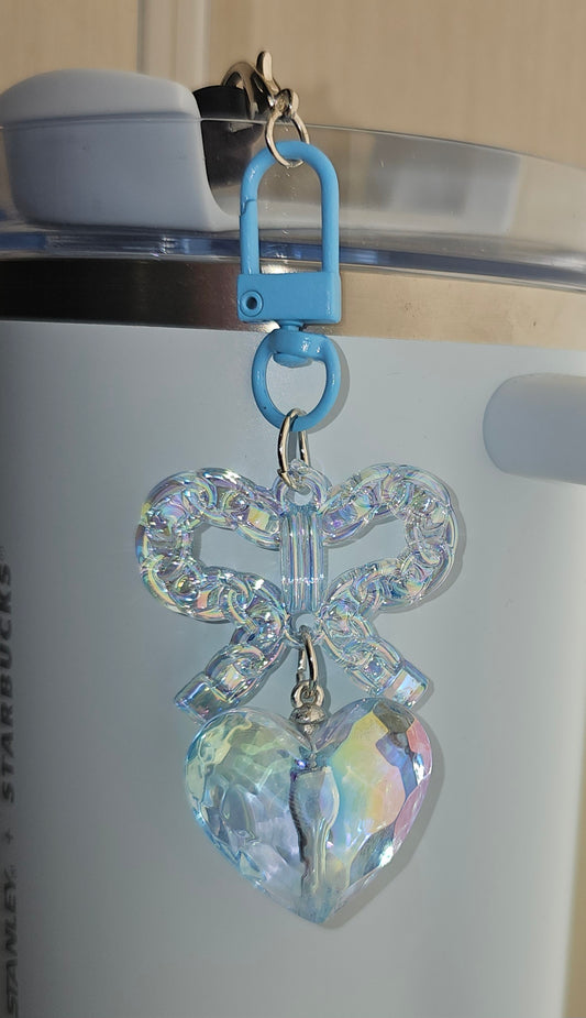 Crystal Blue Coquette Butterfly Ribbon Bow and heart charm pendant for Tumbler straw. 