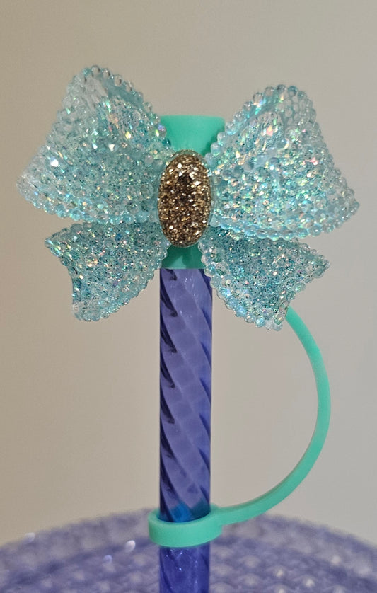 Tiffany Teal Blue and Gold Ribbon Bow Silicone Straw Topper  - Straw Cover  - 8mm