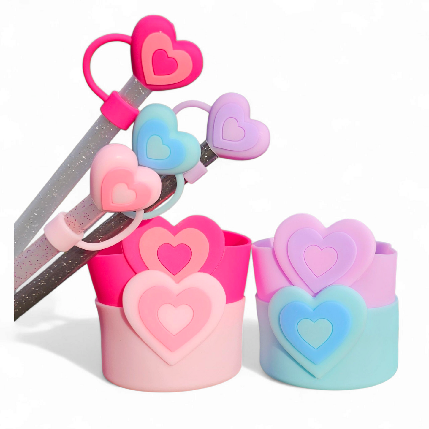 Pink Heart Silicone Tumbler Boot & Straw Topper