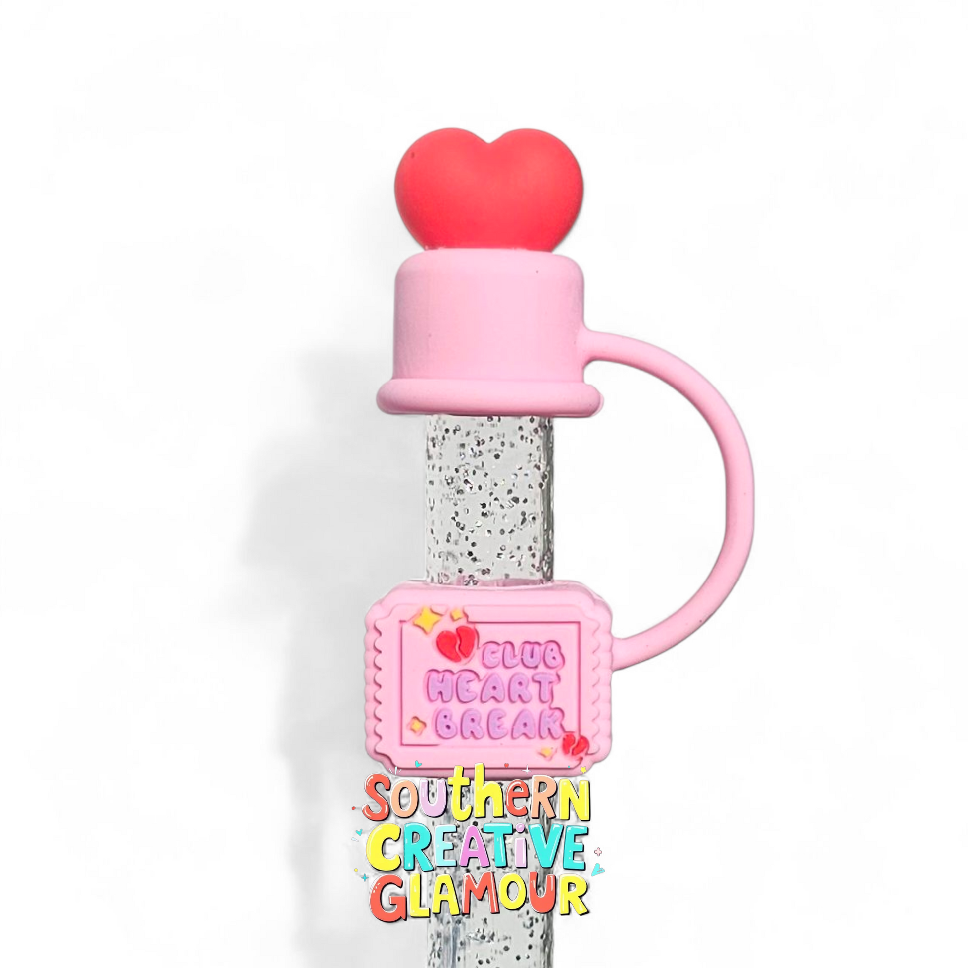 Pink and red Club Heart Break Silicone 10mm Straw Toppers by Southern Creative Glamour 