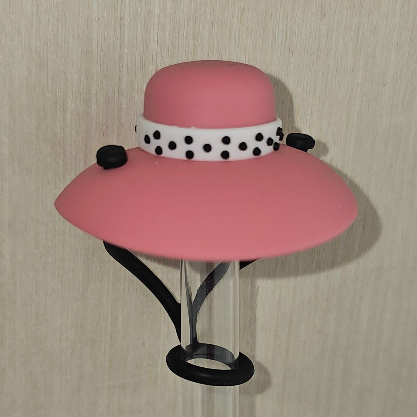 Antique Pink with BlackandWhitePolkados Preppy Hat -  Silicone 3D Straw Topper - Straw Cover 