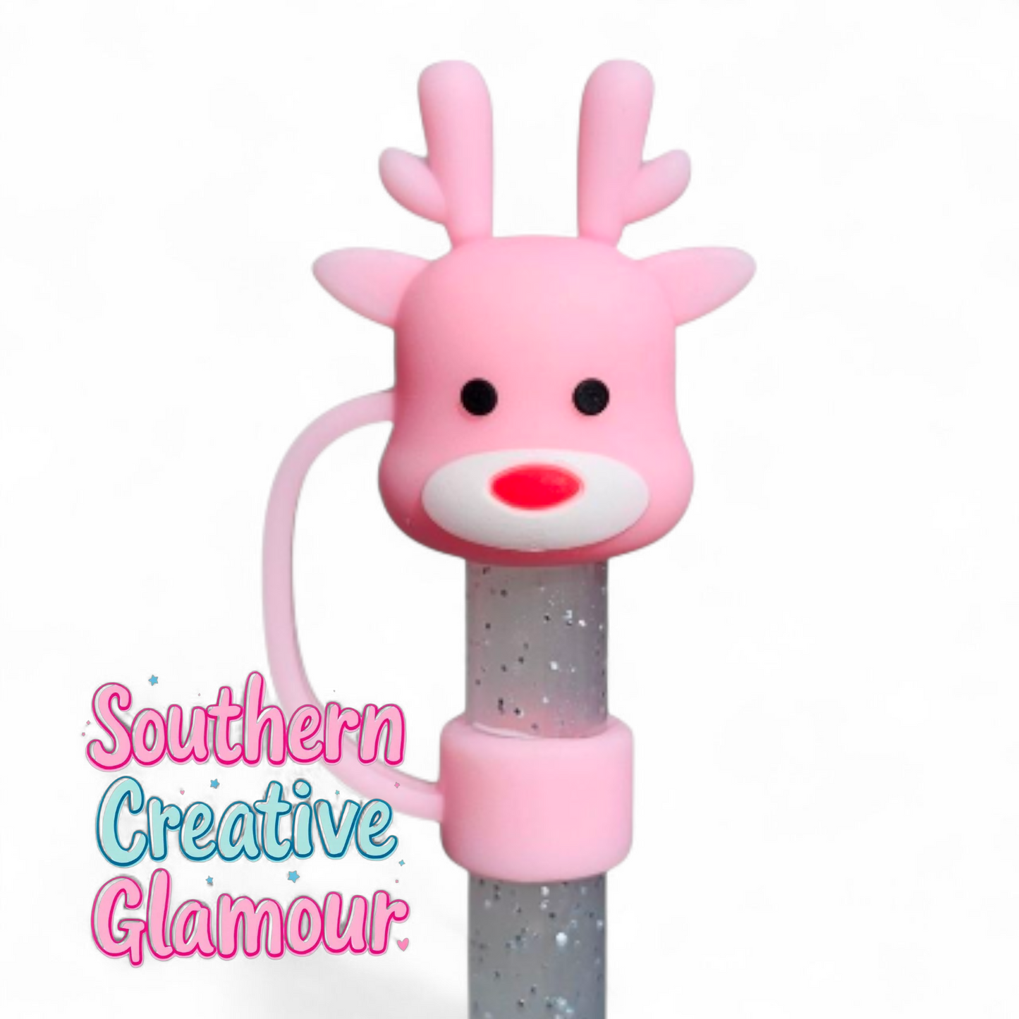 Pink Christmas Rudolph 10mm Straw Topper