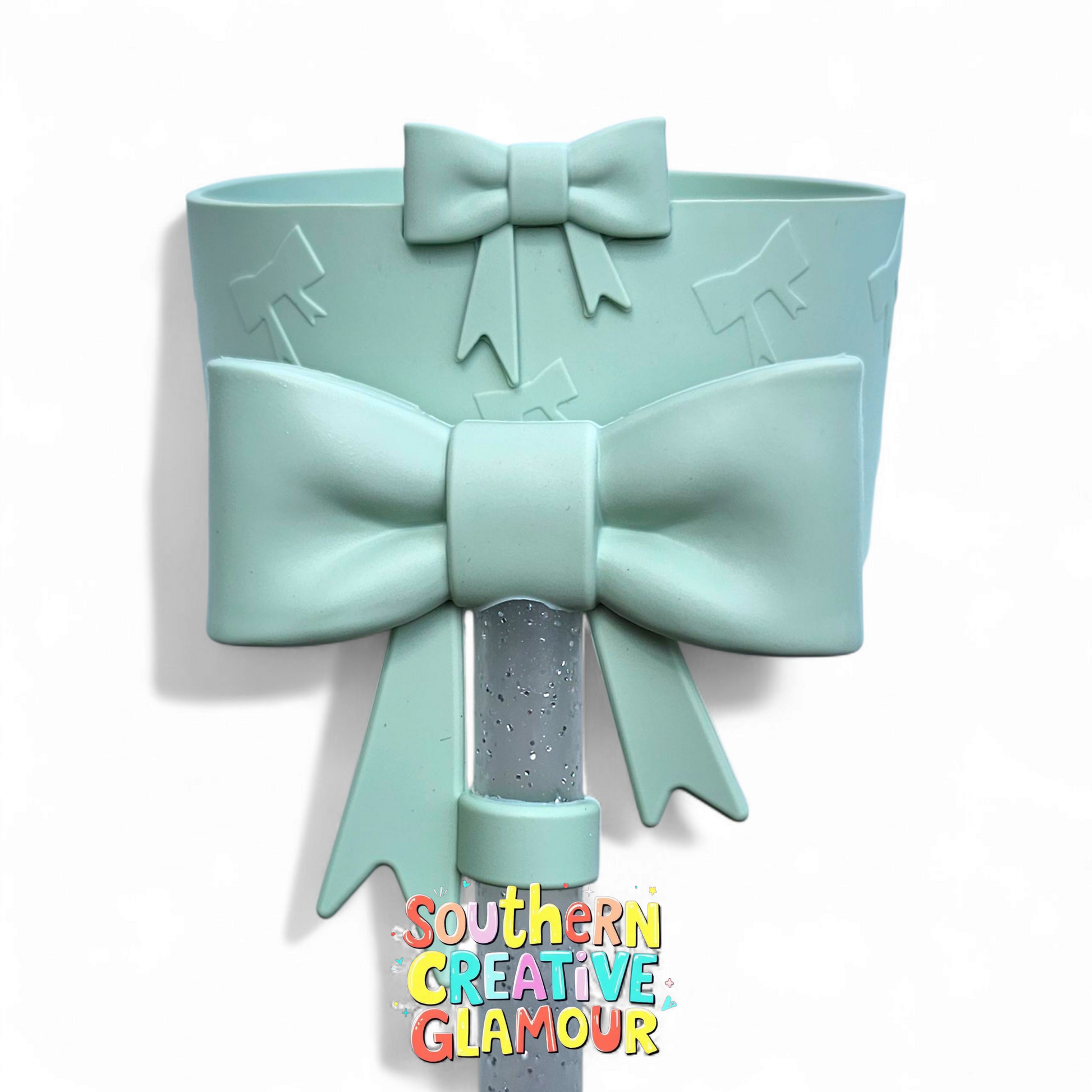 Pale Green 3D Bow Silicone Tumbler Boot & 3D Pale Green 3D Bow Straw Topper Set by Southern Creative Glamour 