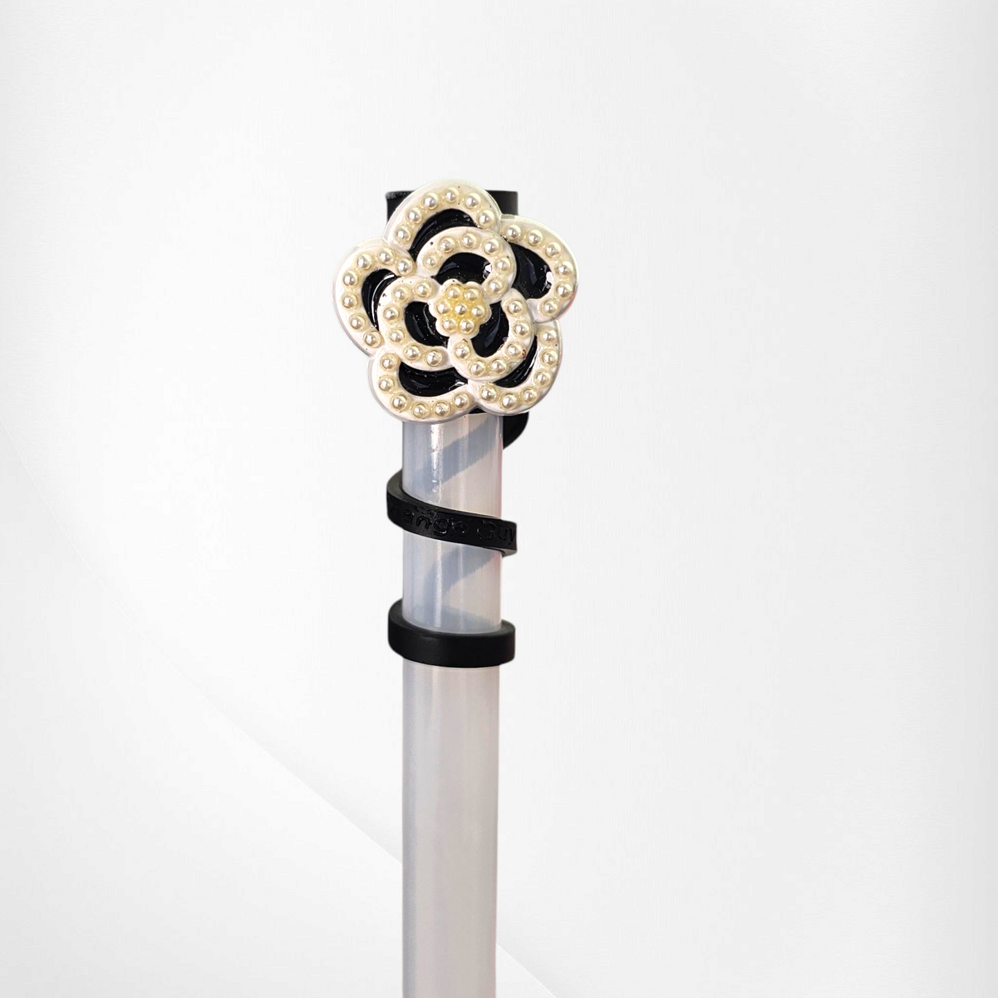 Black and White pearl beaded flower Silicone Straw Toppers  - Straw Covers. 
