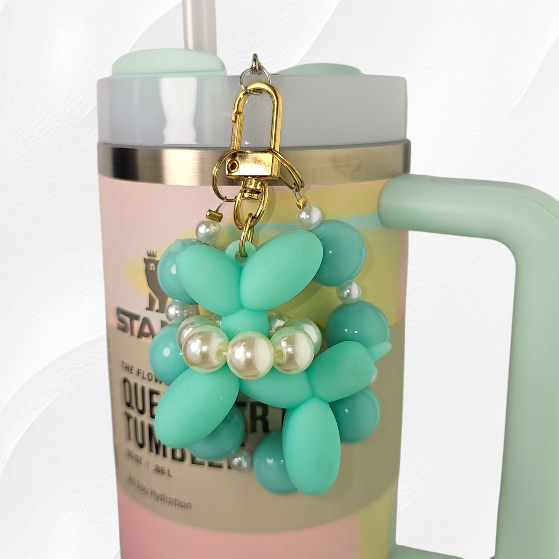 Mint Green Balloon Dog and beaded faux pearl charm bracelet tumbler straw charm. 