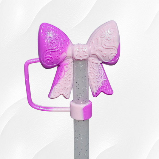 Electric Purple and Lilac Purple Swirl Shimmer 3D Lace Ribbon Bow Silicone Straw Topper. 