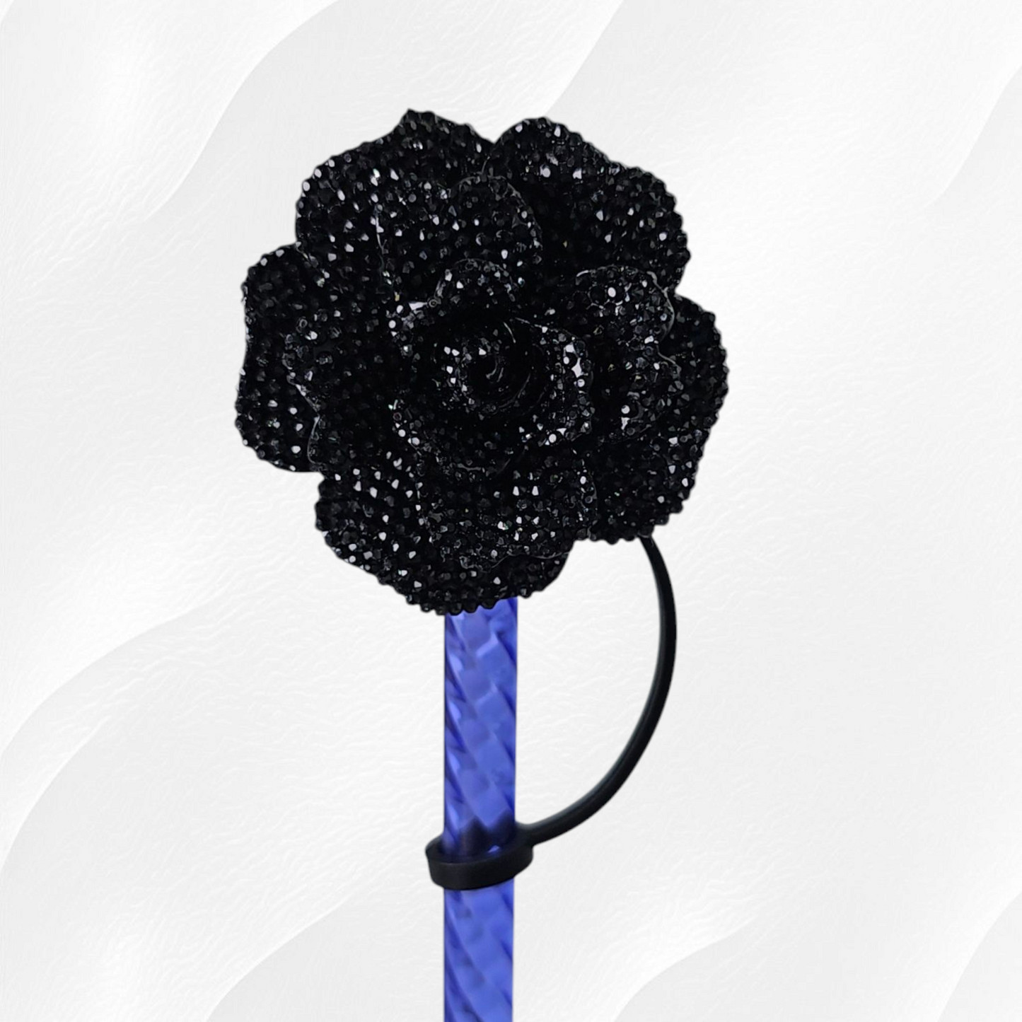 Glitter Rose Flower 8mm Straw Topper - Black
