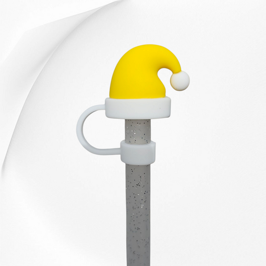 Yellow Christmas Santa Hat 3D Silicone Straw Topper. 