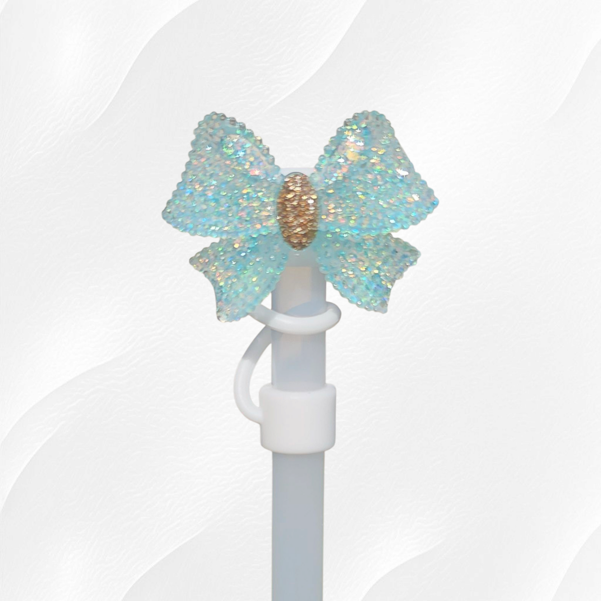 Glitter Tiffany Teal Blue and Gold Ribbon Bow with white Silicone straw topper base. Straw Cover  - Straw Cap  by Southern Creative Glamour 