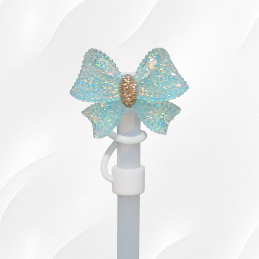 Glitter Tiffany Teal Blue and Gold Ribbon Bow with white Silicone straw topper base. Straw Cover  - Straw Cap  by Southern Creative Glamour 