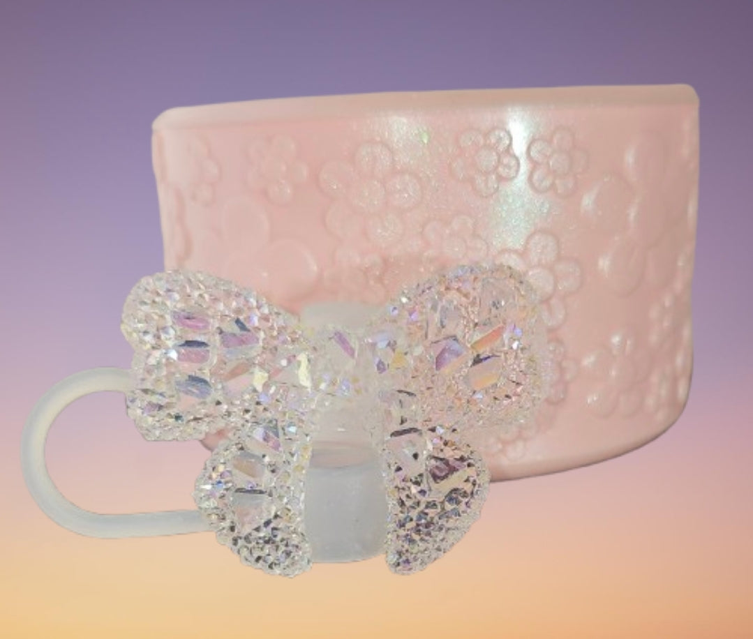 Pearl Pink Shimmer Flower Textured Silicone Tumbler Boot and Clear Glitter Flower Straw Topper Set. 