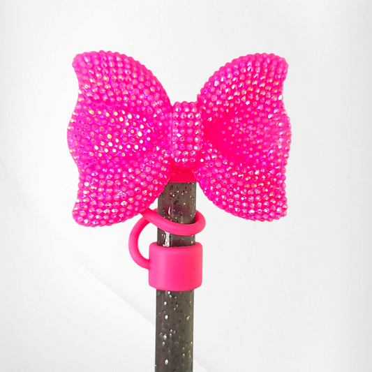 Hot Pink Glitter Bow Silicone Straw Topper  - Straw Cover. Fits 10mm and Stanley Straws. 