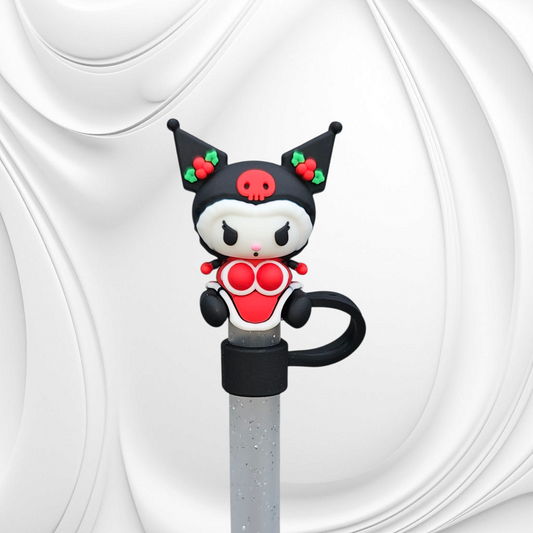 Winter Holiday  | Christmas Red, Black, and White Kuromi inspired 3D Silicone Straw Topper 
