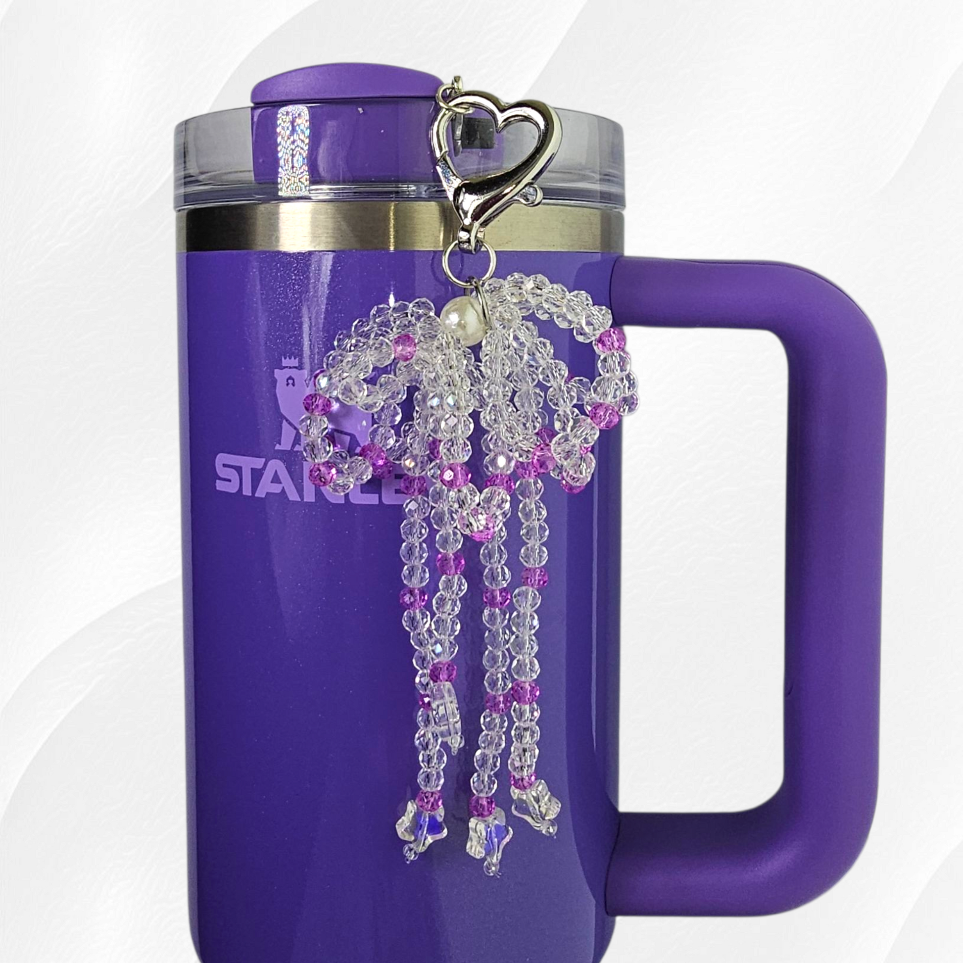 Purple and Clear Beaded Ribbon Bow Tumbler Straw Charm