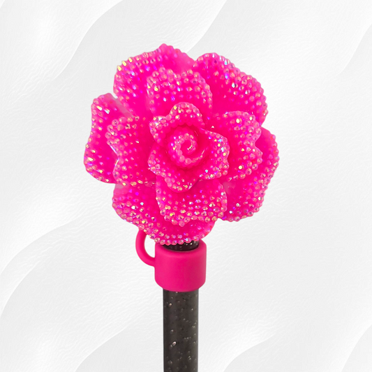 Hot Pink glitter rose straw topper. Fits 10mm and Stanley Straws. 