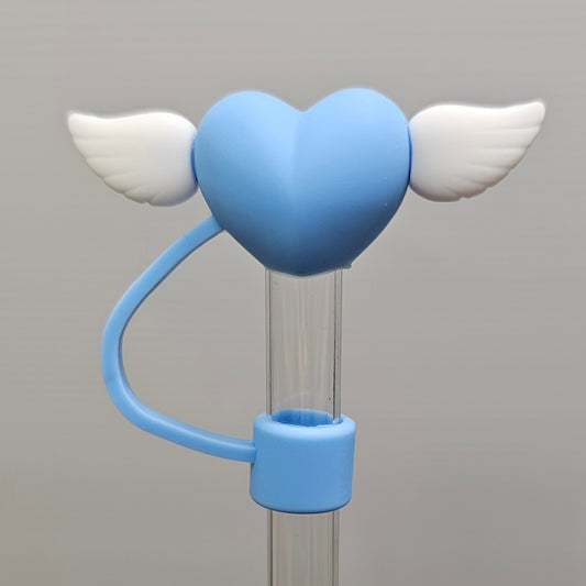 Valentine's Day Silicone Straw Topper  - Blue Heart with Angel Wings