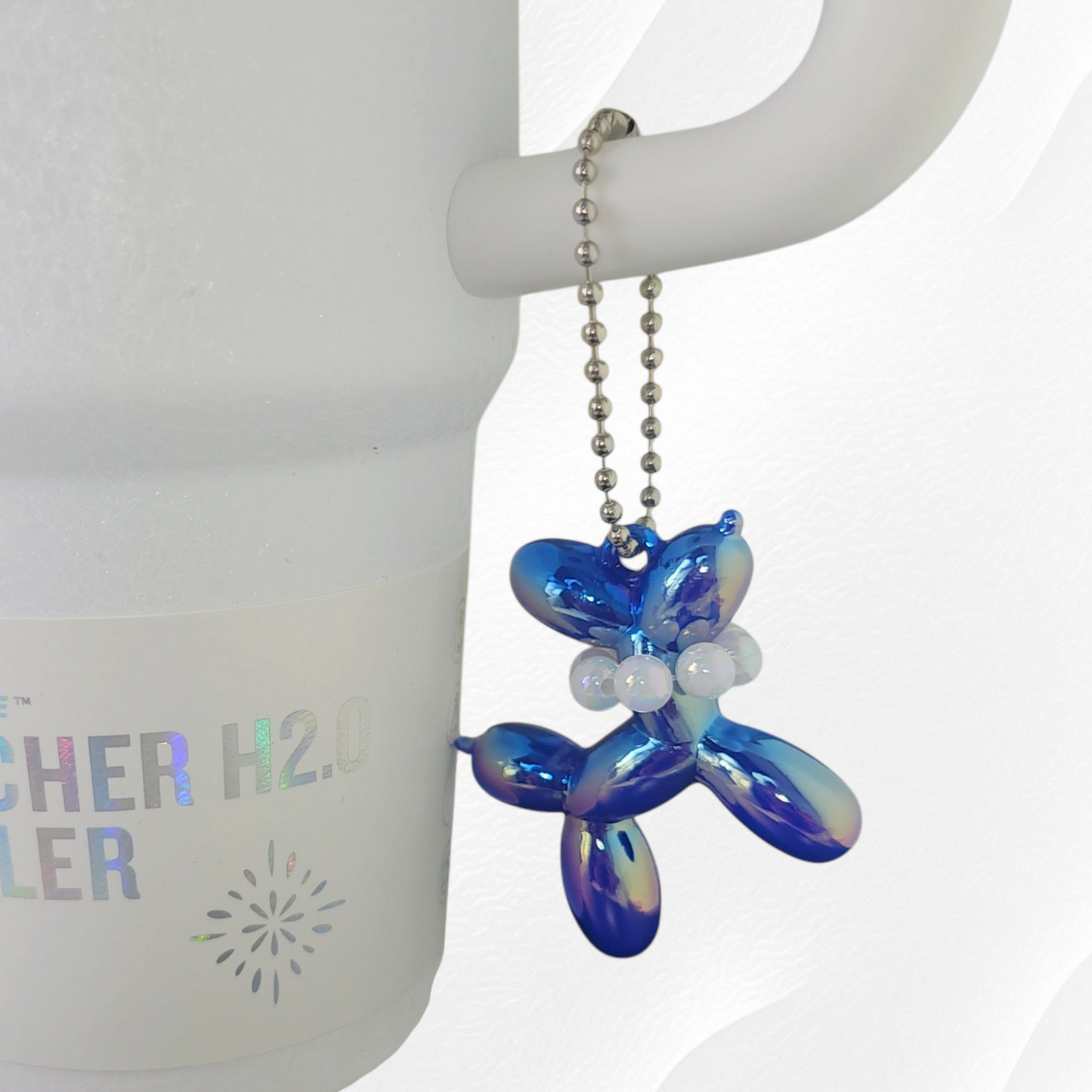 Iridescent Pearlescent Chroma Blue Balloon Dog Charm with Beaded Faux Pearl Necklace. 