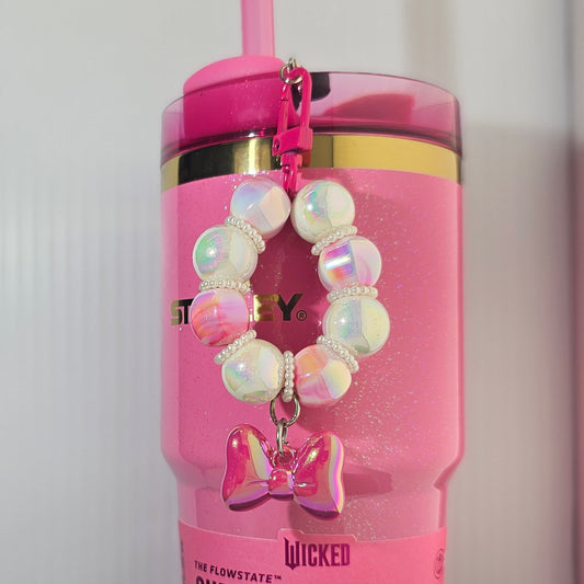 Barbie Pink and white beaded bow tumbler straw charm. 