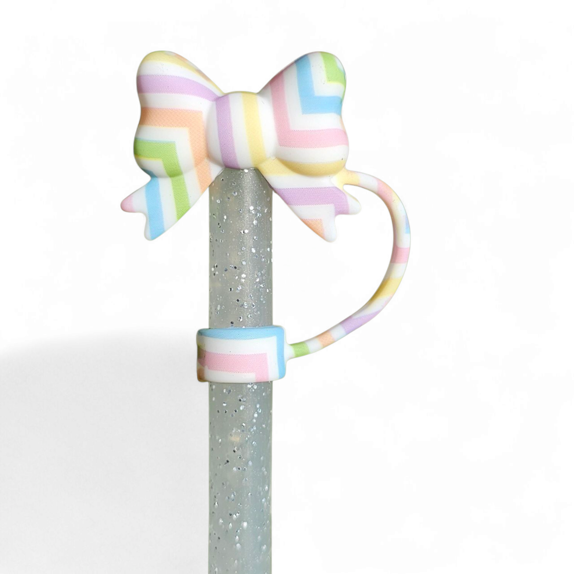 Pink, blue, purple, yellow, green stripe Bow 3D Silicone 10mm Straw Topper by Southern Creative Glamour 