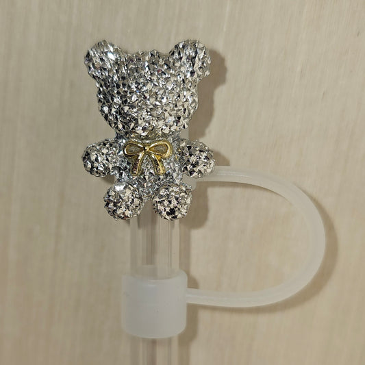 Deluxe Black Silver and Gold  Glitter Teddy Bear Silicone Straw Topper  - Straw Cover 